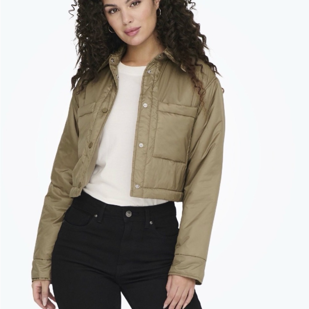 ONLY Olive Green Cropped Puffer Jacket | Lightweight Quilted Snap Front | Size M - Picture 8 of 8